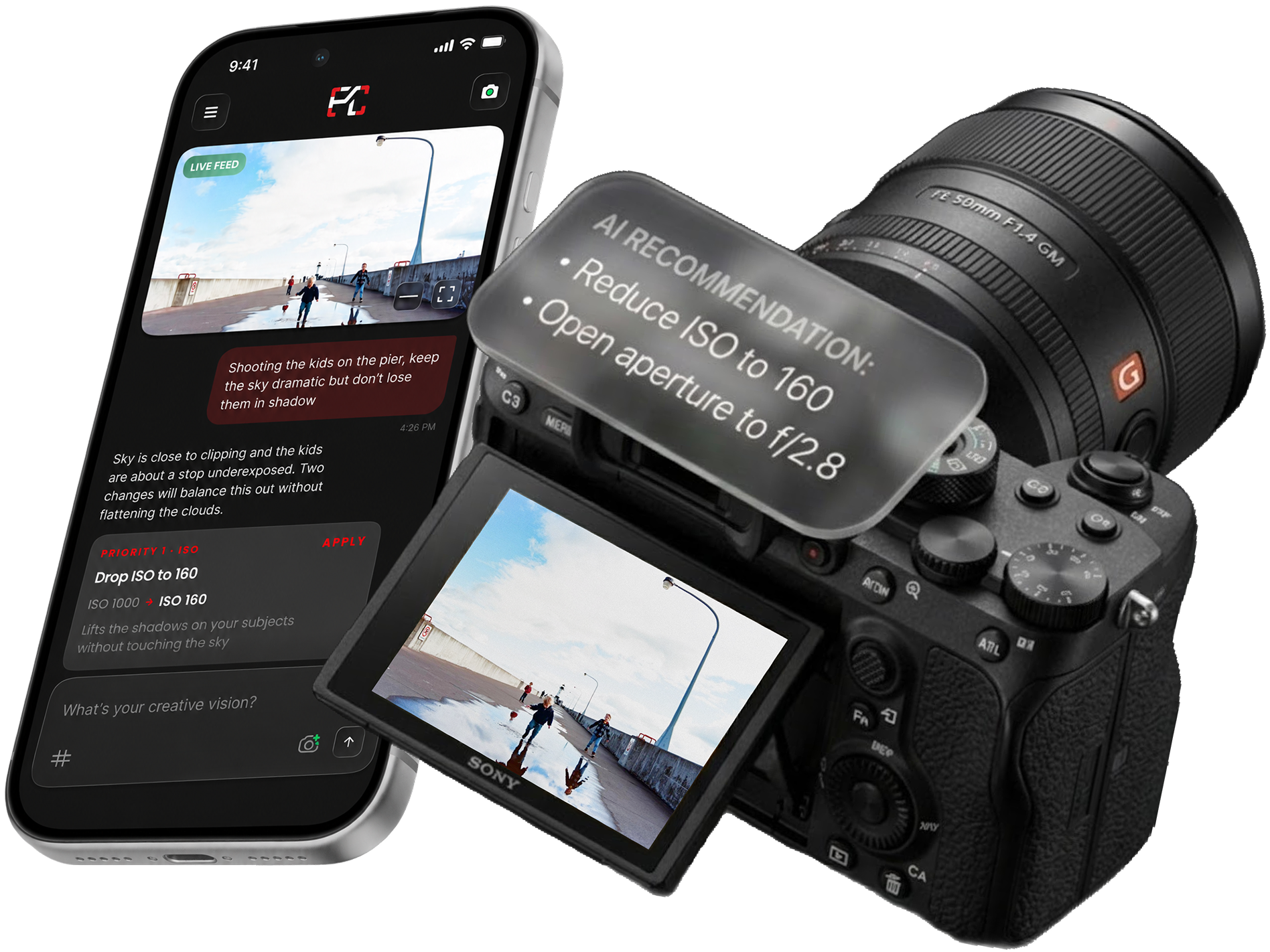 FrameCoach app on iPhone alongside a Sony camera with an AI exposure recommendation